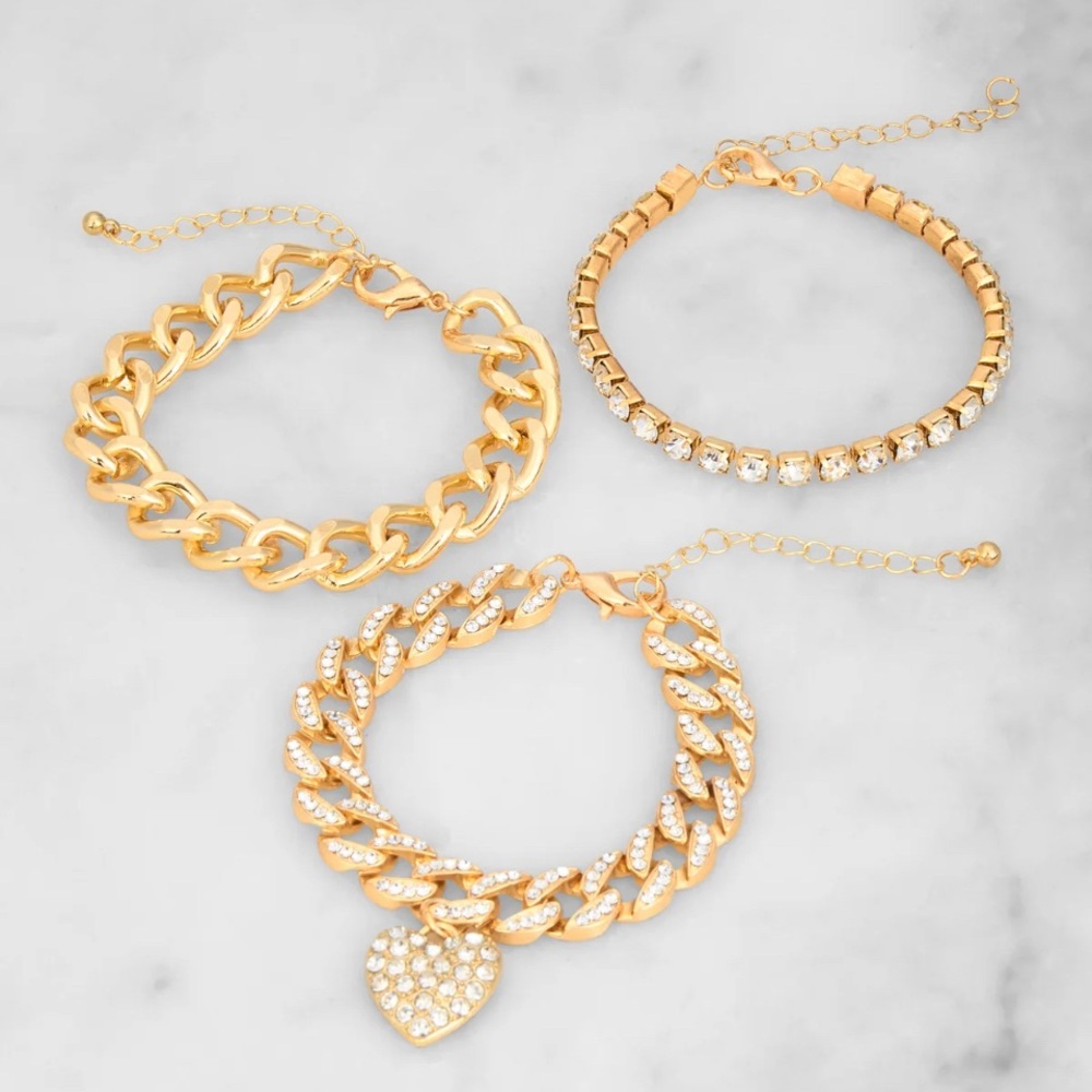 🌟5/$10 Elegant Heart Rhinestone Charm Chain Bracelet Trio - Gold Bracelet Set